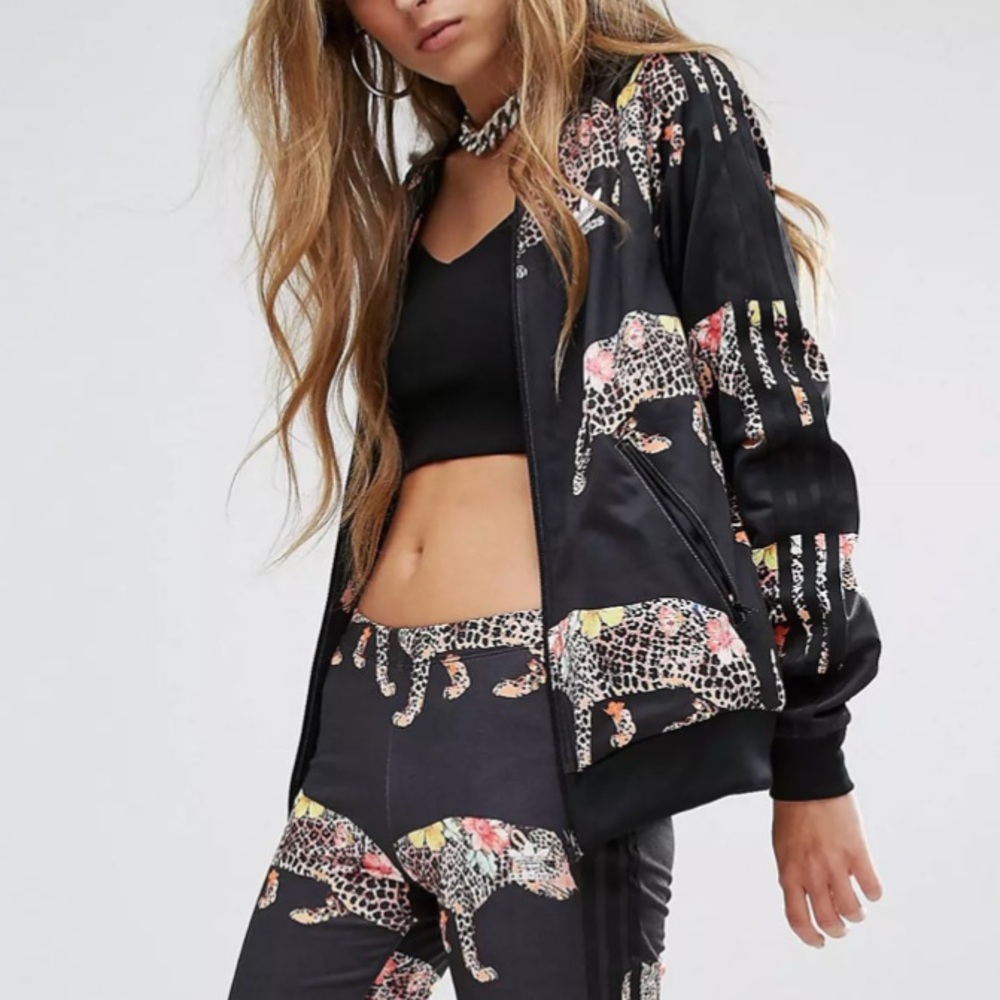 adidas Black Floral Leopard Bomber Jacket - Picture 2 of 11